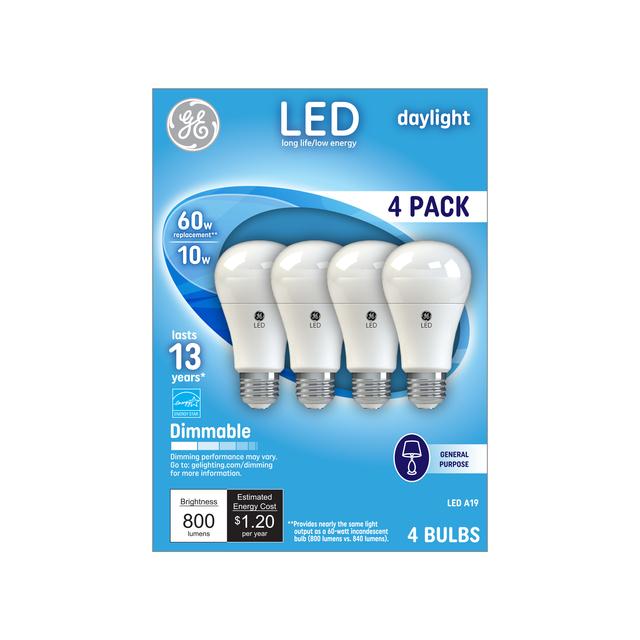 GE Classic LED 60 Watt Replacement, Daylight, A19 General Purpose Bulbs (4 Pack)